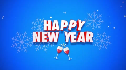 Happy New Year animated text with falling snowflakes on bright blue background Video stock 320624856