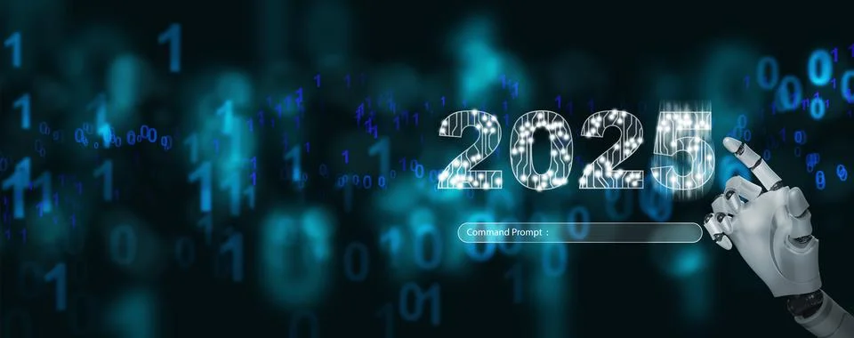 Happy new year. Artificial intelligence, Ai, robotic hand tapping on the ye.. 스톡 일러스트