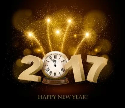 Happy New Year background with 2017, a clock and fireworks. Vector Stock Illustration