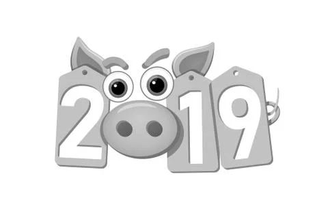 Happy New Year background. Pig face, silver sale tags. 2019 flat numbers. Pig Stock Illustration