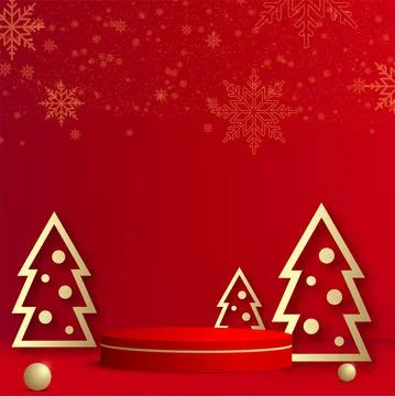 Happy New Year background with red podium and paper pine tree. Vector Stock Illustration