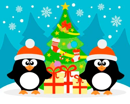 Happy New Year background with two funny penguins Stock Illustration
