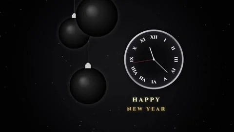 Happy new year black clock countdown with hanging baubles loop Stock Footage 347404342