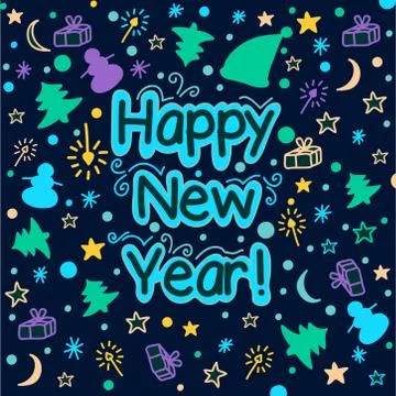 Happy New Year card with differrent decorative elements. Holiday festive desi Stock Illustration