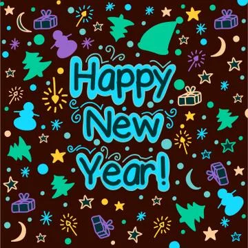 Happy New Year card with differrent decorative elements. Holiday festive desi Stock Illustration