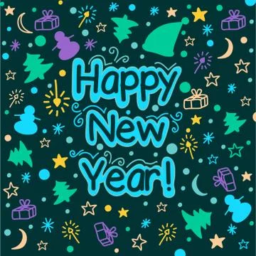 Happy New Year card with differrent decorative elements. Holiday festive desi Illustrazione stock