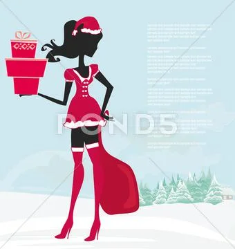 Happy new year card with santa girl silhouette and winter landscape Stock Illustration