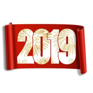 Happy new year card. White number 2019, gold firework. Scroll 3D isolated whi Illustrazione stock