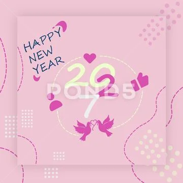 Happy New Year celebration with doves and social media icons on pink background PSD Template