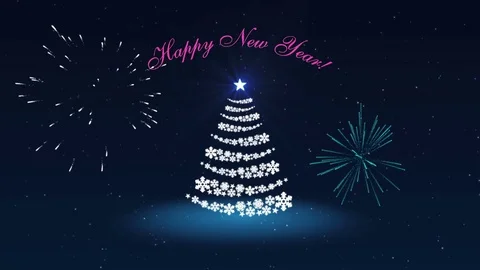 Happy New Year with christmas tree, fireworks and glowing particles on the dark Stock Footage 82449221