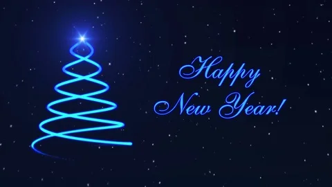 Happy New Year with christmas tree, glowing particles and snowflakes on the dark Stock Footage 83021663