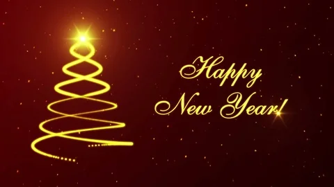 Happy New Year with christmas tree, glowing particles and snowflakes on the dark Stock Footage 83066431