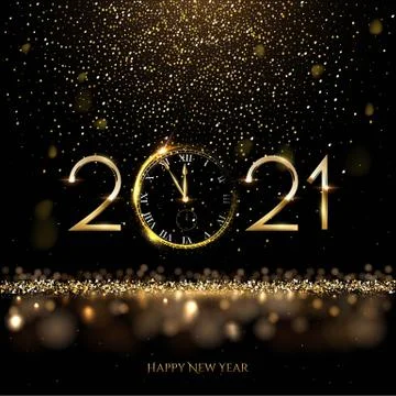 Happy new year clock countdown background. Gold glitter shining in light with Stock Illustration