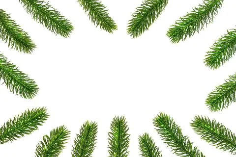 Happy New Year. Composition frame of spruce branches on white background Stock Photos