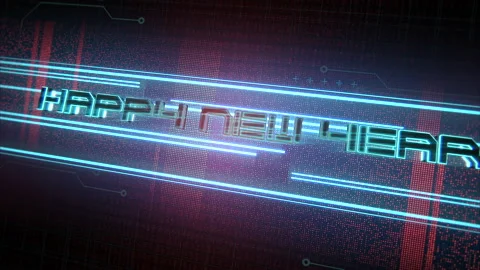 Happy New Year on computer screen with lines and matrix code Stock Footage 221653912