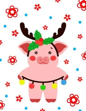 Happy new year cute pig with Christmas decorations postcard chinese. Stock Illustration