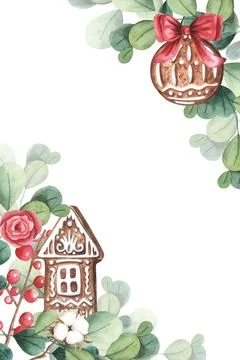Happy new year design composition of green leaves branches, berries, gingerbread Stock Illustration