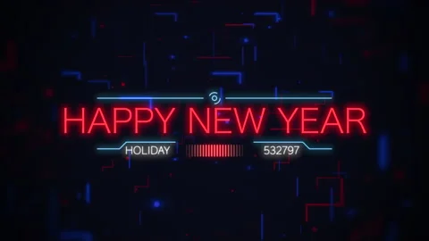 Happy New Year on digital screen with HUD elements and neon lines Stock Footage 221642310