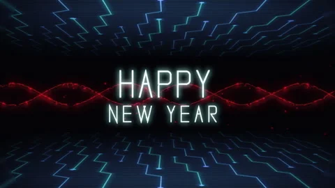 Happy New Year on digital screen with HUD elements and neon lines Stock Footage 252673002