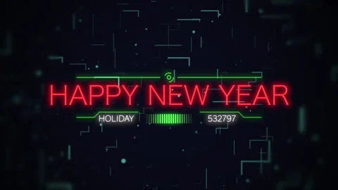 Happy New Year on digital screen with HUD elements and neon lines Stock Footage 252673045