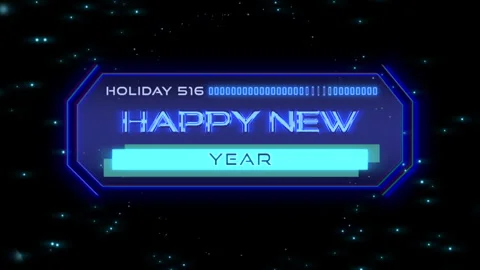 Happy New Year on digital screen with HUD elements and neon glitters Stock Footage 252673088