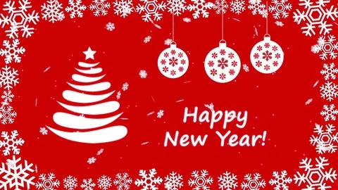 Happy New Year with falling snowflakes, Christmas tree balls and a Christmas Stock Footage 82635341