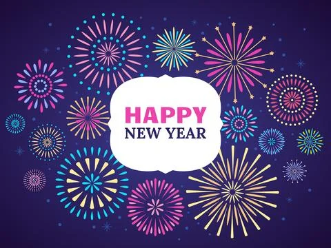 Happy New Year firework poster. Celebration 2019 fireworks. Vector illustra.. Illustrazione stock
