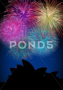 Happy new year fireworks australia landmark Stock Illustration