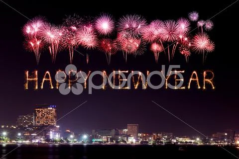 Happy New Year Fireworks Celebrating Over Pattaya Beach
