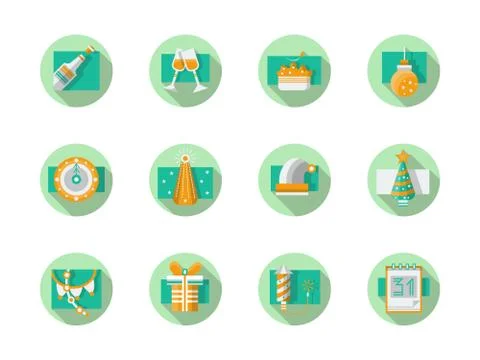 Happy New Year flat round vector icons 스톡 일러스트