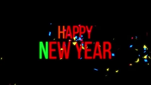 Happy New Year Flickering Message with Colorful Confetti Burst Stock Footage 256607190