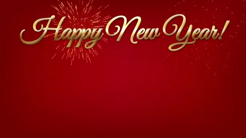 Happy New Year Gold Script Text with Fireworks on Red Background Video stock 345703633