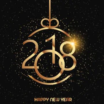 Happy New Year greeting card with shining gold text and snow on red background. Stock Illustration