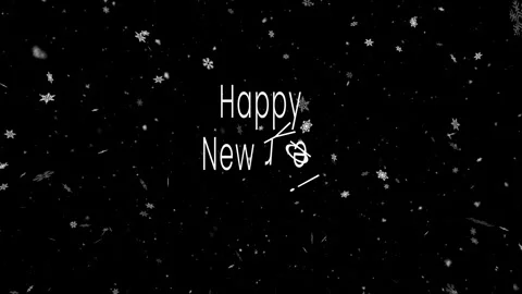 Happy New Year Greeting with Falling Snowflakes on Black Background Stock Footage 346803318