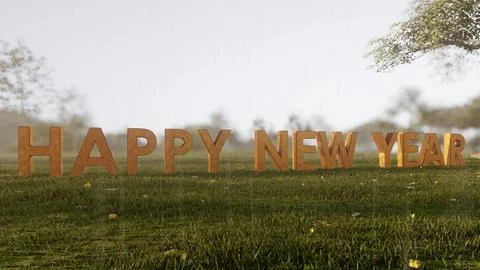 Happy New Year Greetings in 3D Letters on Grassy Field Stock Illustration
