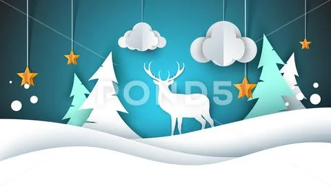 Happy New Year illustration. Merry Christmas. Deer, fir, cloud, star, winter. Stock Illustration