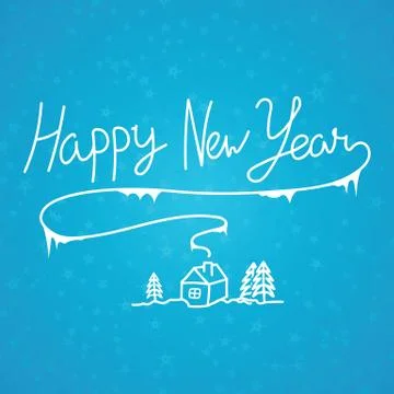Happy New Year linear calligraphy hand drawn inscription on blue background. Stock-Illustration