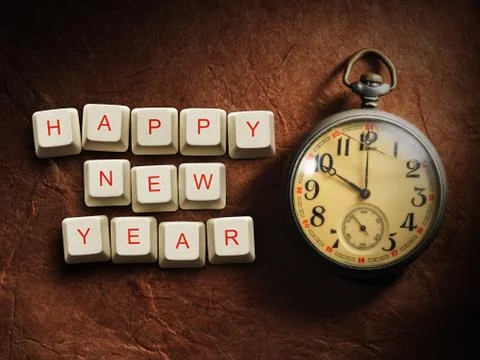 Happy New Year - made of computer keys and vintage watch, Old Foto stock