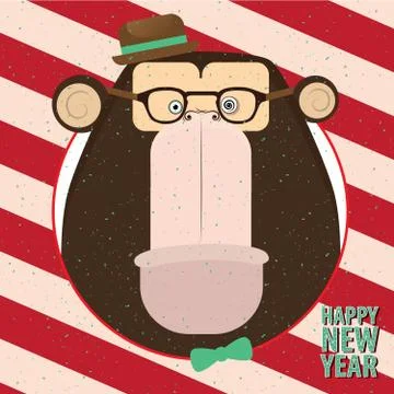 Happy New Year with monkey in candy retro frame Stock Illustration