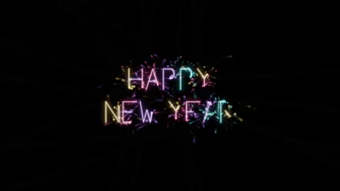 Happy new year neon light text effect with glowing sparkles on black backgr.. Видео 343820840