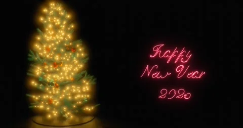 Happy new year neon typeface appears while Three dimensional animation pine. Stockbeeldmateriaal 280441233