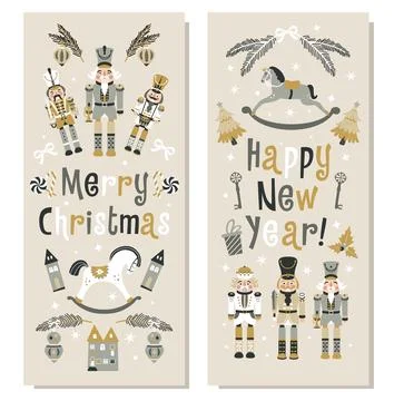 Happy New Year Nutcrackers Vector banners set on Light Background. Postcard.. Stock Illustration