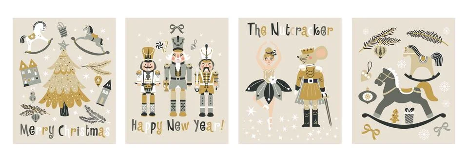 Happy New Year Nutcrackers Vector banners set on Light Background. Postcard.. Stock Illustration
