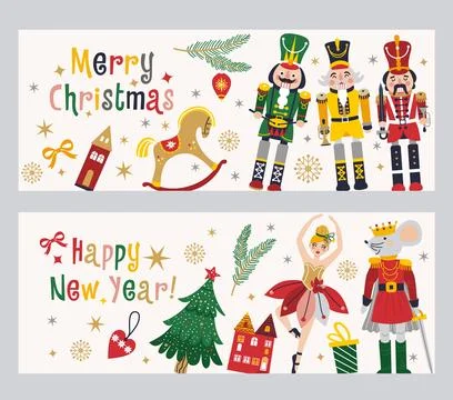 Happy New Year Nutcrackers Vector banners set on Light Background. Postcard.. Stock Illustration