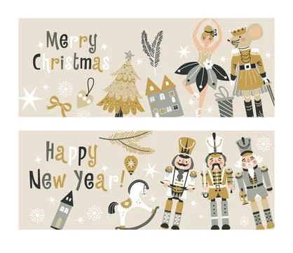 Happy New Year Nutcrackers Vector banners set on Light Background. Postcard.. Stock Illustration