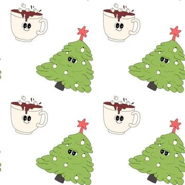 Happy new year pattern with y2k elements. Groovy characters background Stockillustratie