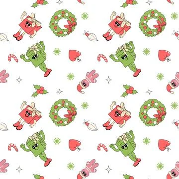Happy new year pattern with y2k elements. Groovy characters background イラスト素材