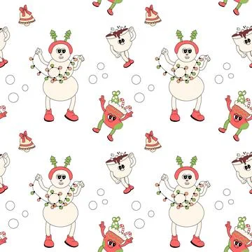 Happy new year pattern with y2k elements. Groovy characters background イラスト素材