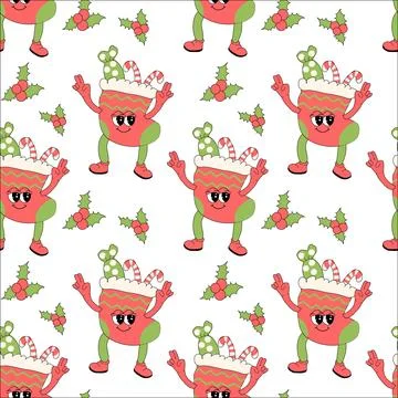 Happy new year pattern with y2k elements. Groovy characters background Illustrazione stock