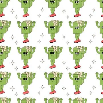 Happy new year pattern with y2k elements. Groovy characters background Stock Illustration